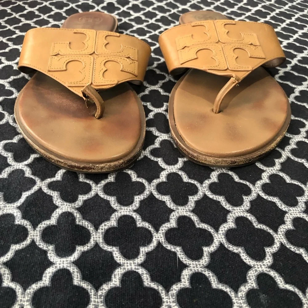 Tory Burch Womens Jamie Brown Tan 10.5 Calf Leather Full Logo Thong Brown 48275